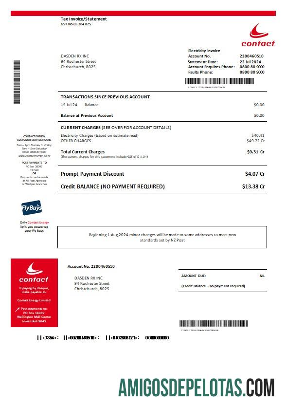 Conta de serviços públicos de energia para contato com a Nova Zelândia em formatos Word e PDF exemplo